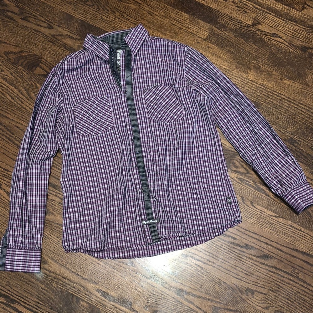 Purple Checkered Men's Dress Shirt - Picture 2 of 7